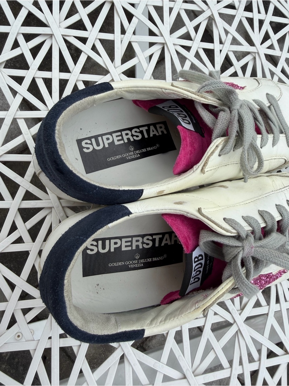 Golden Goose women’s White Leather Sneakers with Pink Glitter Star and Navy Heel - Picture 8 of 13